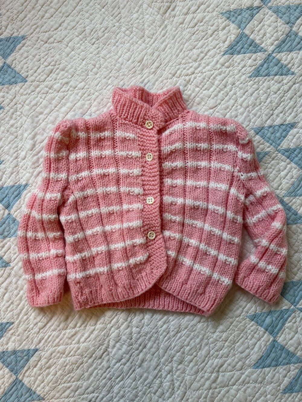 Handmade Knit Pink Stripe Cardigan - Size 2